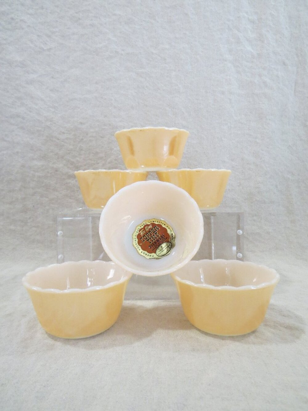 6 Vintage Custard Cups Fire King Peach Luster Scalloped - With Original Stickers